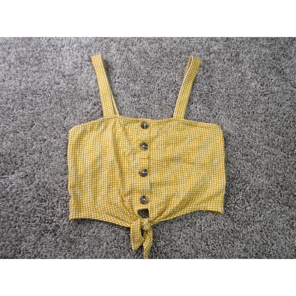 American Eagle Gingham Crop Top Small Yellow White Button Tie Front Cami Tank